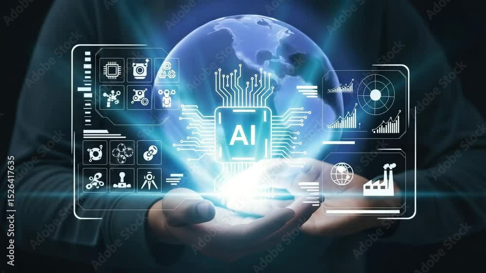 Aufkleber Person holding ai orb with digital interface and icons displaying technology concepts in dark setting