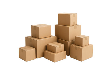 Stack of multiple cardboard parcel boxes on white background ideal for concepts of delivery, shipping, logistics, e-commerce, and packaging