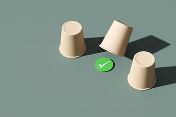 Right choice concept with three cups and check mark