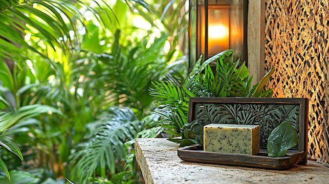 Artisanal soap bar presented in a tropical spa setting promoting relaxation