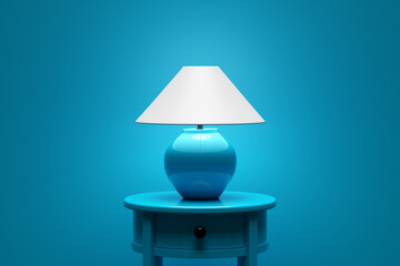 Modern blue lamp illuminating a blue bedside table against a vibrant blue background