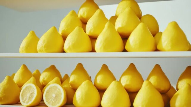 Lemon Pyramid: A vibrant display of Meyer lemons arranged in neat pyramids on white shelves, showcasing their bright yellow color and unique shape.