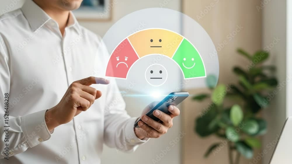 Aufkleber person using phone with feedback scale interface showing sad neutral and happy rating options online
