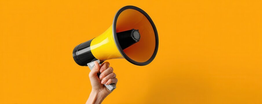 Bright Yellow Megaphone Held Up Against Vibrant Orange Background for Communication and Announcement Concepts