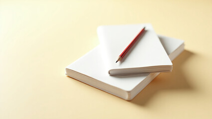 Stack of blank notebooks and a pencil on beige background, education or letter topic