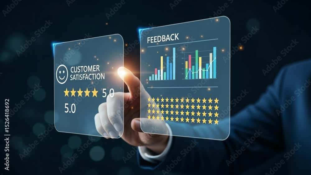 Poster Hand interacting with customer satisfaction and feedback interfaces on a digital screen