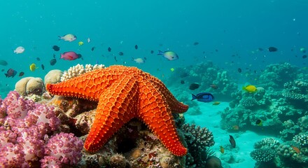Orange Starfish on Vibrant Coral Reef in Blue Ocean