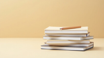 Fototapeta premium Stack of blank notebooks and a pencil on beige background, education or letter topic