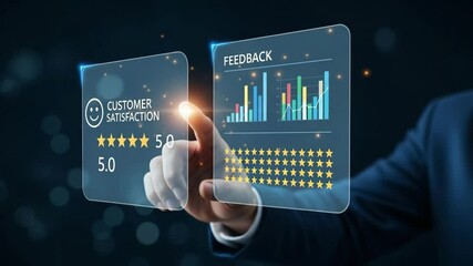 Hand interacting with customer satisfaction and feedback interfaces on a digital screen - Powered by Adobe