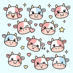 Obraz premium Adorable cartoon cow faces with various emotions and decorative elements on a blue background