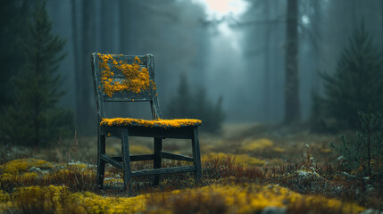 An old wooden chair covered in vibrant moss abandoned in a forest background
