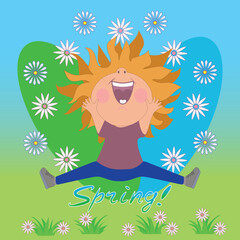 A child is jumping, rejoicing in the arrival of spring. A bright spring vector illustration with a joyful child jumping, rejoicing in spring.