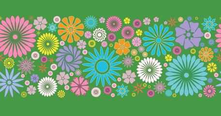 Spring flowers, vector seamless illustration. Multicolored spring flowers, seamless pattern. Bright and colorful spring flowers - seamless vector floral design for print, textile and web.