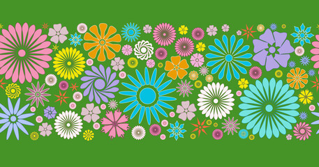 Spring flowers,  seamless illustration. Multicolored spring flowers, seamless pattern. Bright and colorful spring flowers - seamless r floral design for print, textile and web.