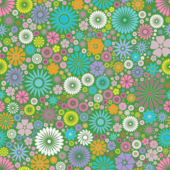 Spring flowers, vector seamless illustration. Multicolored spring flowers, seamless pattern. Bright and colorful spring flowers - seamless vector floral design for print, textile and web.