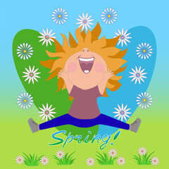 A child is jumping, rejoicing in the arrival of spring. A bright spring  illustration with a joyful child jumping, rejoicing in spring.