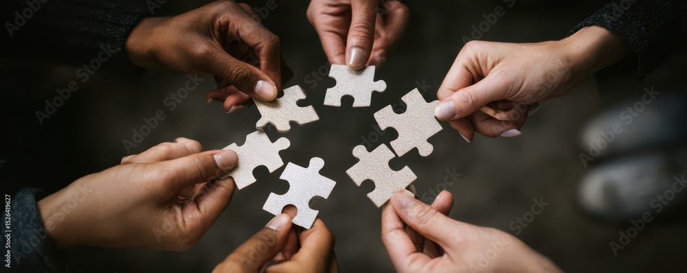 Poster diverse hands collaborate to connect puzzle pieces in a unity representation of teamwork and coopera
