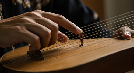 Hands Playing Wooden Stringed Instrument with Soft Lighting