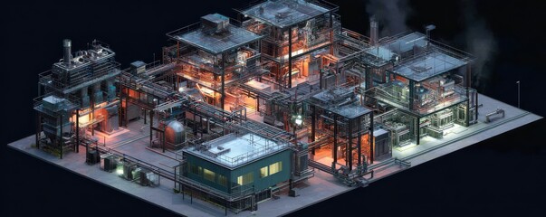 Naklejka premium Industrial Complex with Machinery, Pipes, and Warm Glow at Night, Featuring Modern Manufacturing Facilities and Equipment