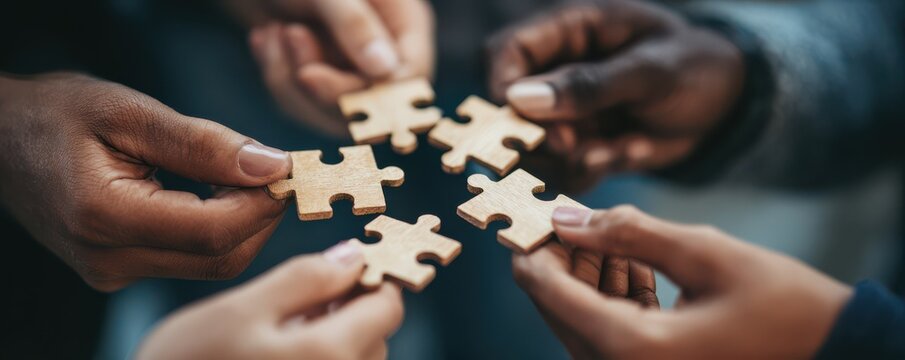 Hands of diverse individuals holding wooden puzzle pieces symbolizing collaboration and unity in teamwork and problem-solving - Powered by Adobe