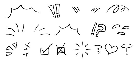 手書きの黒い気づき線　漫符アイコンセット ベクター 黒