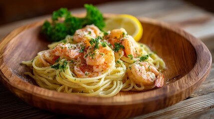 Fototapeta premium Shrimp Scampi with Linguine Served on a Wooden Plate