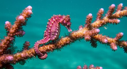 Pink Seahorse on Coral Branch in Turquoise Water