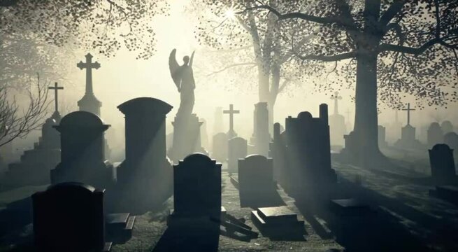 A scary look of a graveyard with trees