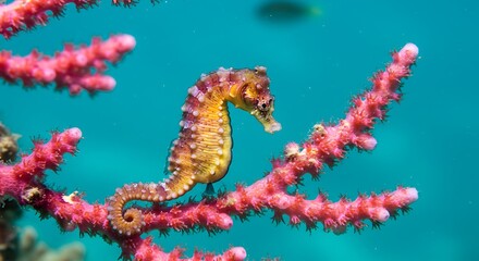 Yellow Seahorse on Vibrant Pink Coral in Turquoise Water