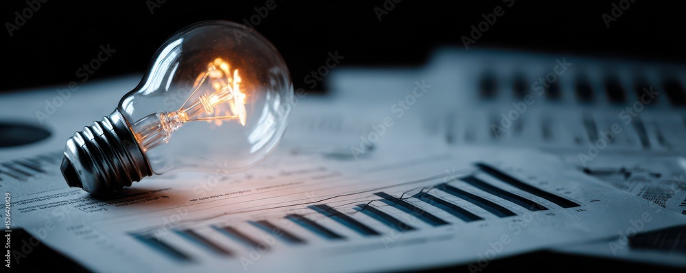 Poster light bulb on financial reports with graphs and charts illustrating business insights and analytical