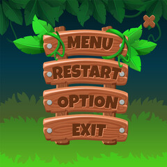 Wooden game Menu UI with buttons-Restart, Option and exit. Game interface buttons in cartoon style with jungle style background