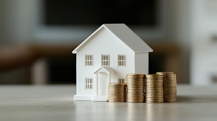 Miniature white house model with stacked coins on wooden table representing real estate investment and financial growth concepts