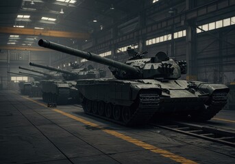 Row of military tanks inside a large industrial building, ready for deployment