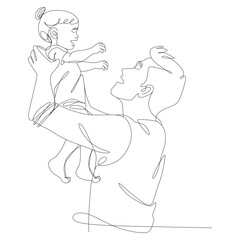 Single one-line drawing baby in his father's arms. Father's Day concept. Continuous line draw design graphic vector illustration.