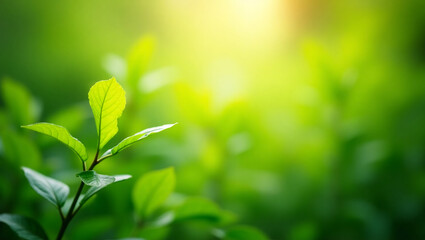 Fototapeta premium Green natural bokeh background with soft sunlight coming through the foliage. Background