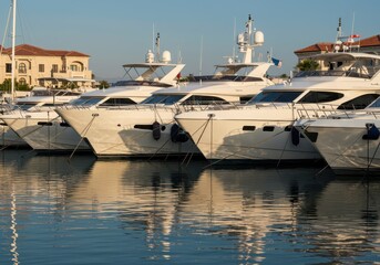 Luxury yachts docked in a marina with water reflections and building backdrop