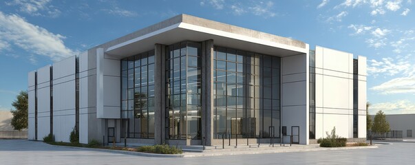 Modern Architectural Design of Contemporary Commercial Building with Large Glass Facade and Clear Sky Background