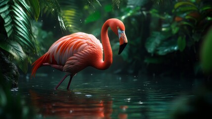 Fototapeta premium A flamingo wades in shallow water, a tropical summer atmosphere