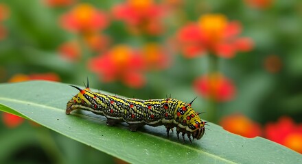 Vibrant Caterpillar on Green Leaf with Orange and Red Flower Background
