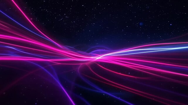 Vibrant abstract waves of pink and blue light against a cosmic background. - Powered by Adobe