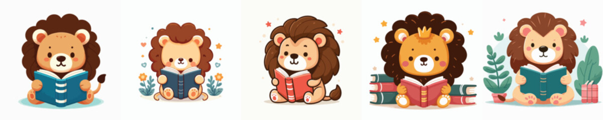 vector cute lion reading a book