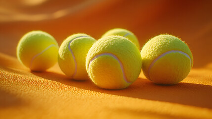 Four tennis balls arranged on an orange textured surface, leaving ample copy space. Perfect for sports, fitness, or leisure themes. : Generative AI