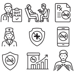 No Tobacco Healthcare Icons – Outline Vector Set for Prevention & Treatment