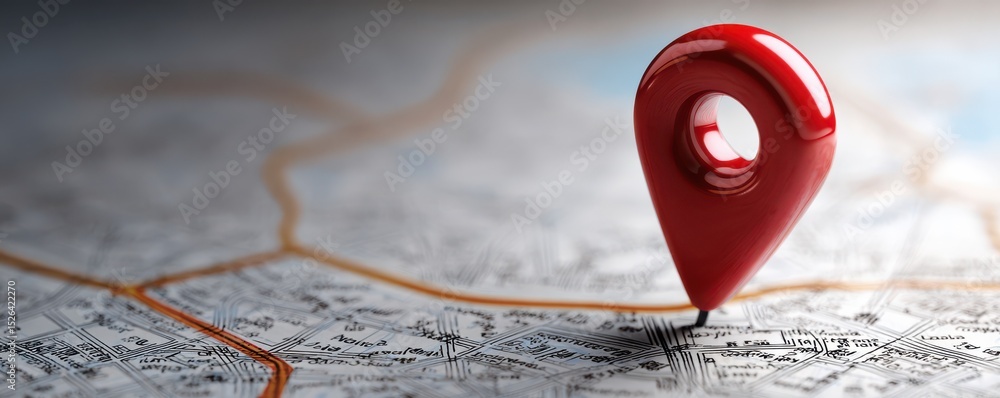 Poster red map marker on a detailed city map with roads and landmarks highlighting navigation and travel co