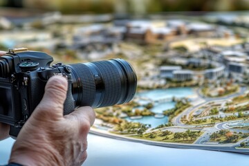 Hand Holding Camera over Detailed Model of Urban Landscape