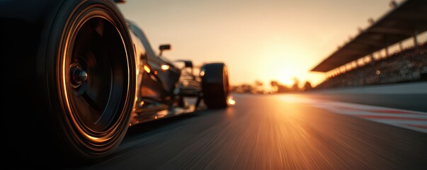 Dynamic Close-Up of a Racing Car Wheel During a Sunset at the Racetrack with Blurred Background and Vibrant Colors