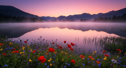 Misty Lake Sunrise with Wildflowers