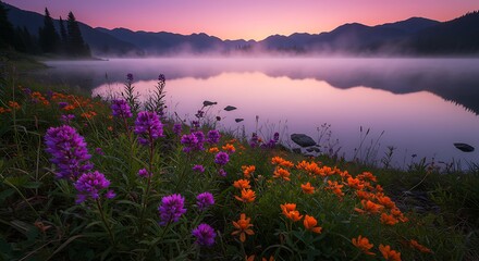 Sunrise Over Misty Mountain Lake With Vibrant Wildflowers
