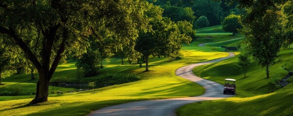 Obraz premium Serene Golf Course Landscape at Sunset with Lush Green Grass and Winding Pathway Under Clear Sky
