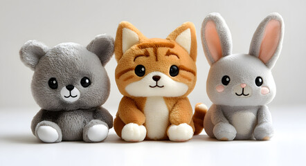 Adorable trio of plush animal keychains featuring a charming tabby cat, a cute brown and white dog, and a sweet grey bunny, neatly aligned on a clean white background